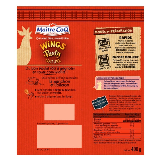 Manchons de Poulet et Ailerons Cuits Nature - MAITRE COQ - Le sachet de 400 G - Frais 2 jours et