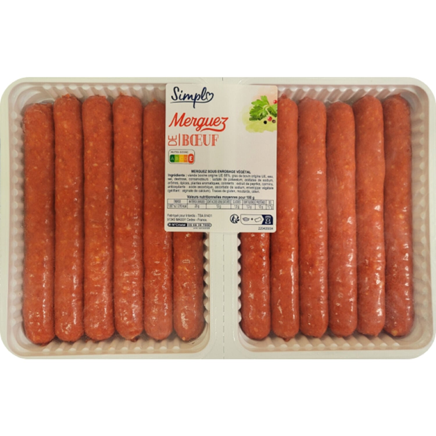 Merguez de Bœuf - Petit Prix SIMPL - La barquette de 12 PCS - 660 G - Frais 2 jours et +