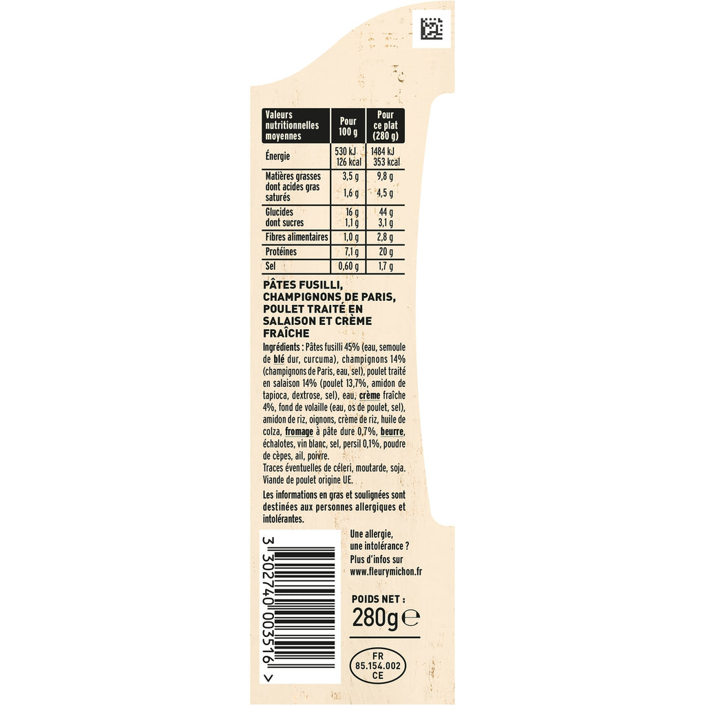 Plat cuisiné fusilli poulet, sauce champignon - FLEURY MICHON - La barquette de 280 G - Frais 2 jours et +
