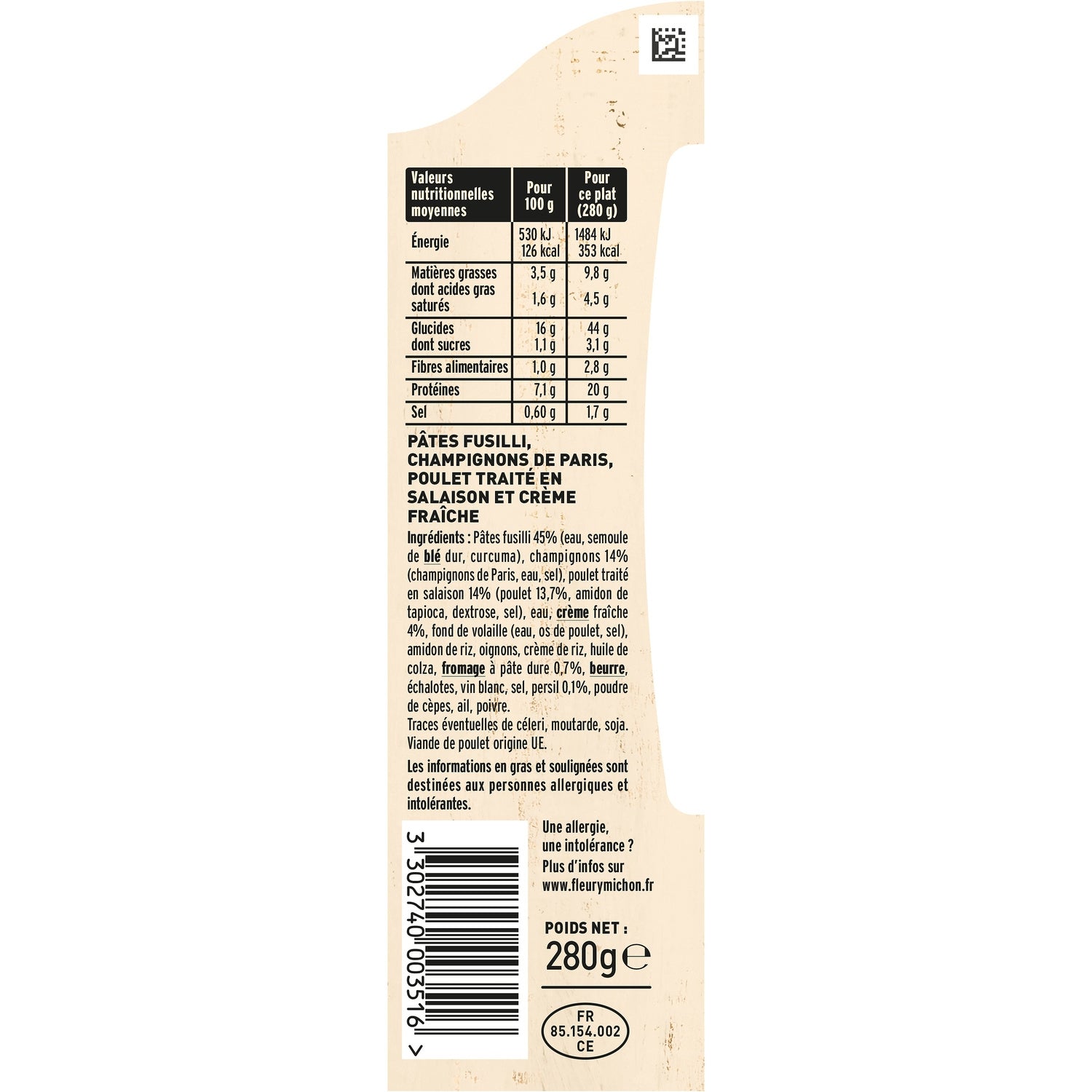 Plat cuisiné fusilli poulet, sauce champignon - FLEURY MICHON - La barquette de 280 G - Frais 2 jours et +