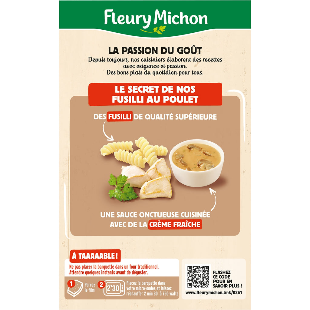 Plat cuisiné fusilli poulet, sauce champignon - FLEURY MICHON - La barquette de 280 G - Frais 2 jours et +