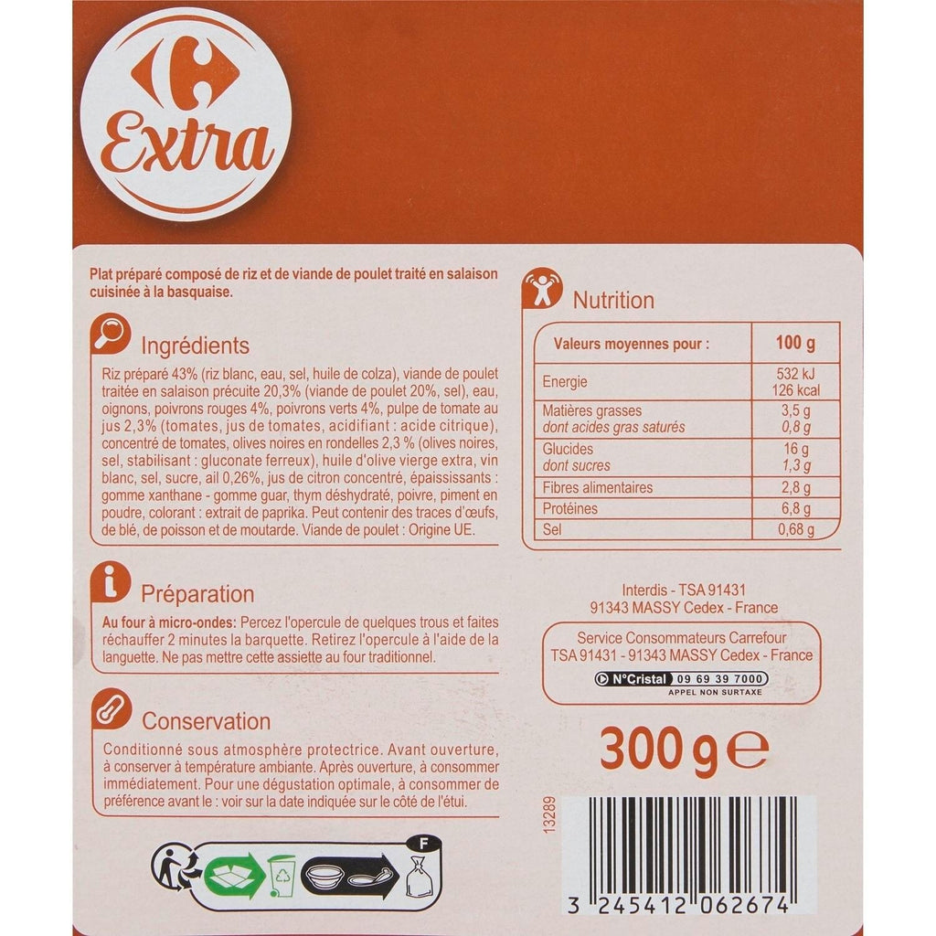 Plat cuisiné poulet basquaise - CARREFOUR CLASSIC - La barquette de 300 G