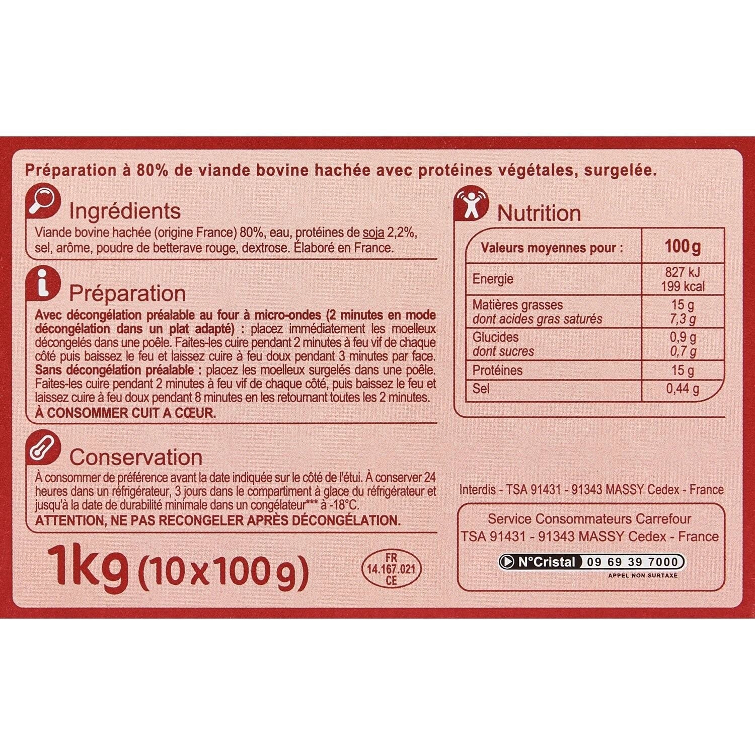 Haché au bœuf - CARREFOUR CLASSIC - Les 10 PCS de 100 G - Frais 3 semaines et +