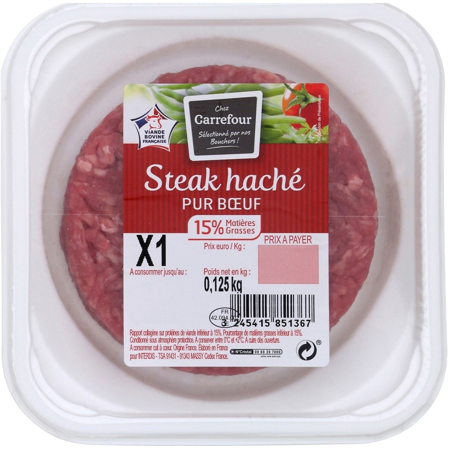 Steak Haché Pur Bœuf 15% MG - La barquette de 125 G