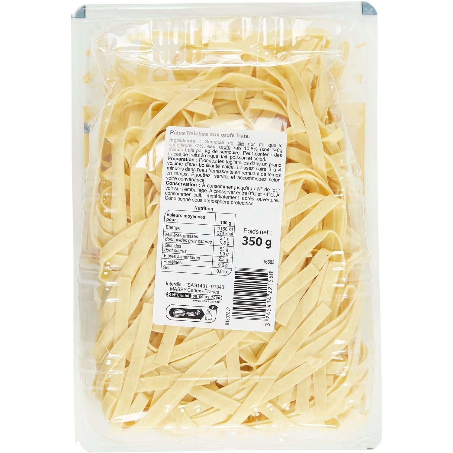 Pâtes Fraîches Tagliatelles aux Œufs Frais - CARREFOUR CLASSIC - La barquette de 350 G - Frais 2 jours et +