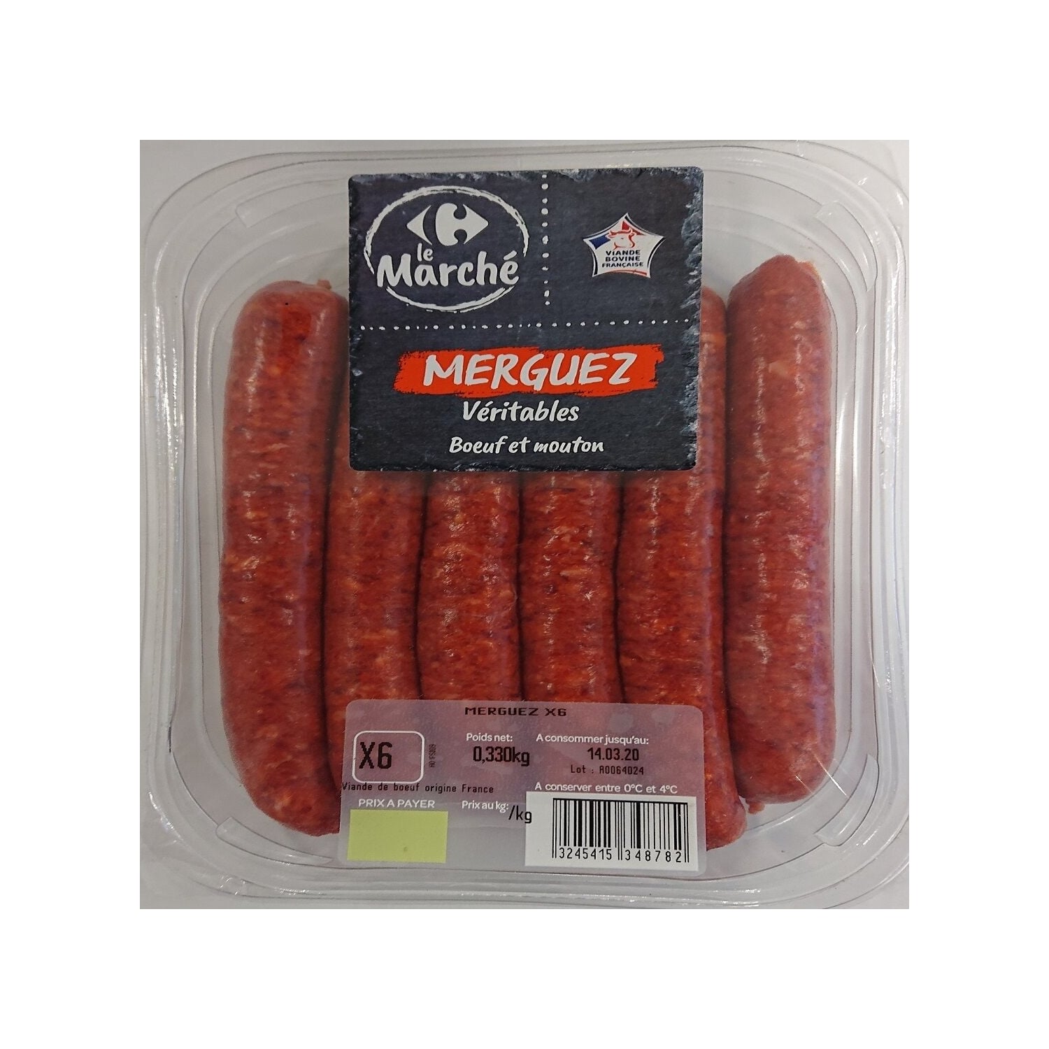 Merguez Bœuf et Mouton - CARREFOUR LE MARCHE - La barquette de 6 PCS - 300 G - Frais 2 jours et +