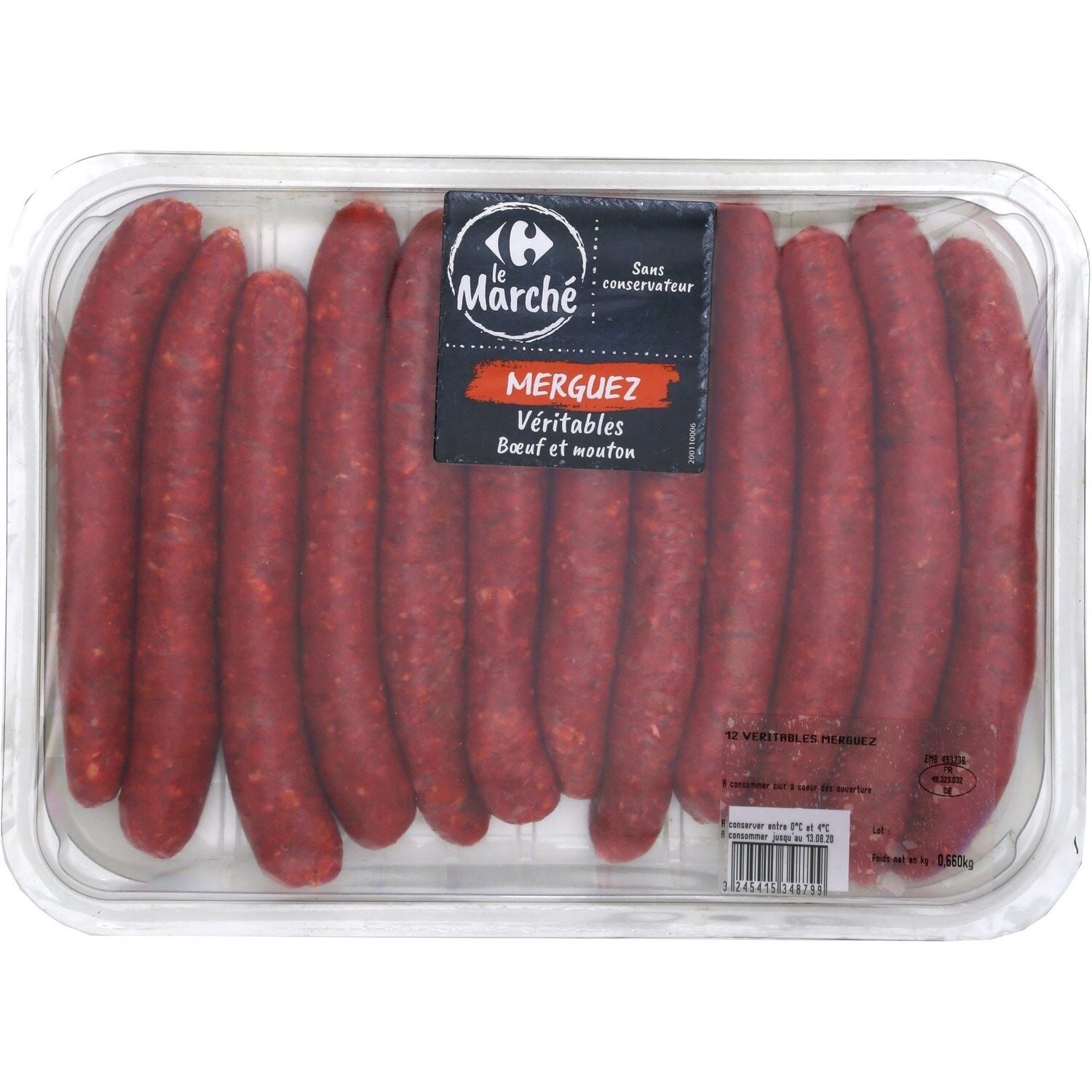 Merguez Bœuf et Mouton CARREFOUR la barquette de 12 PCS - 660 G - Frais 2 jours et +