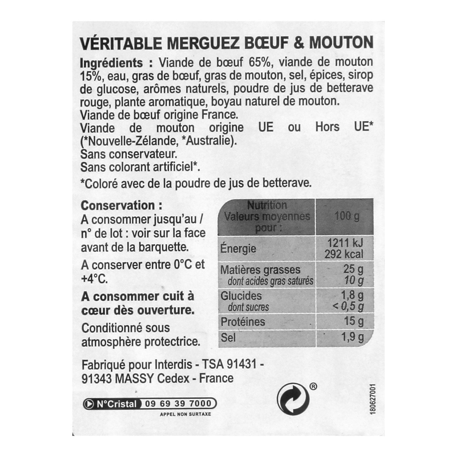 Merguez Bœuf et Mouton CARREFOUR la barquette de 12 PCS - 660 G - Frais 2 jours et +