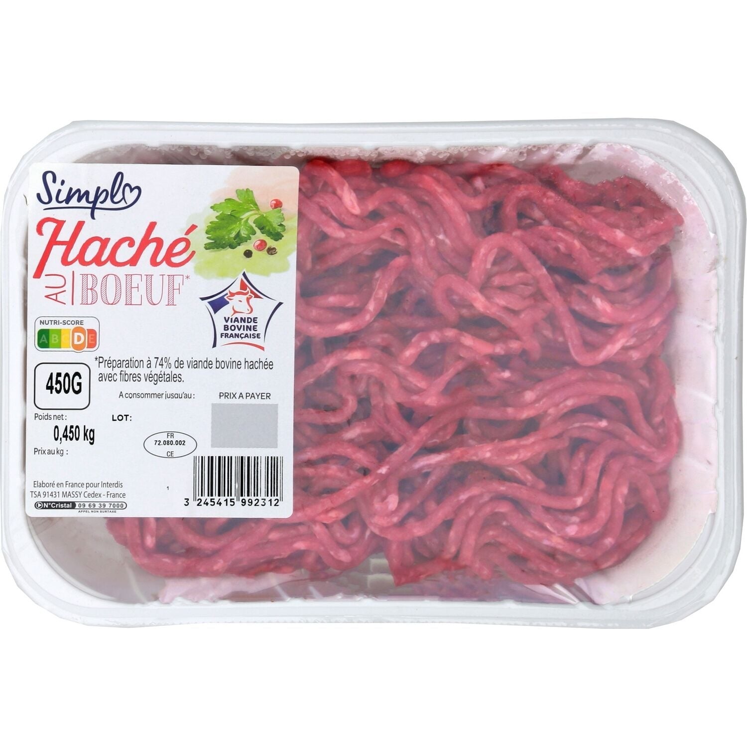 Viande Hachée au Bœuf Petit Prix - SIMPL - La barquette de 450 G -  Frais 2 jours et +