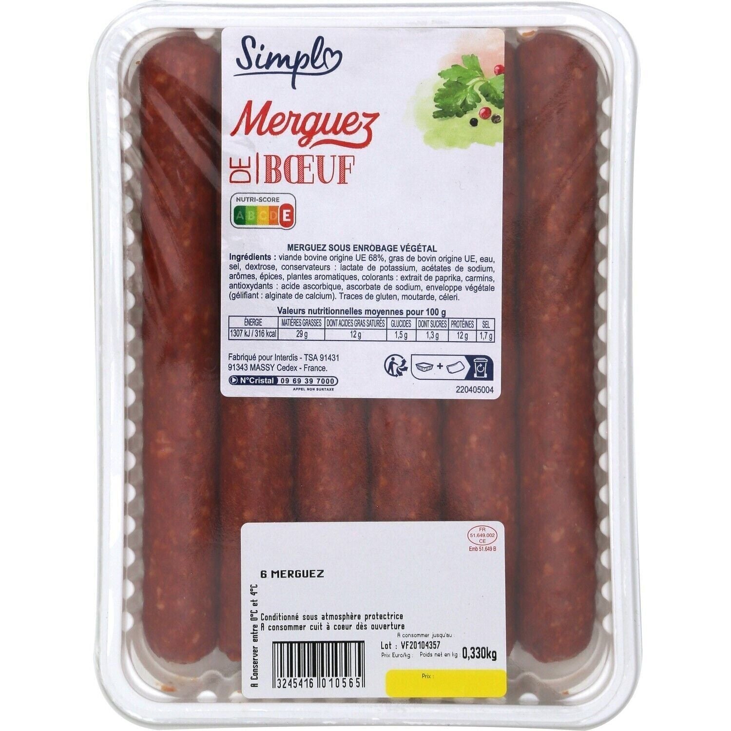 Merguez de Bœuf - SIMPL - La barquette de 6  PCS - 330 G - Frais 2 jours et +