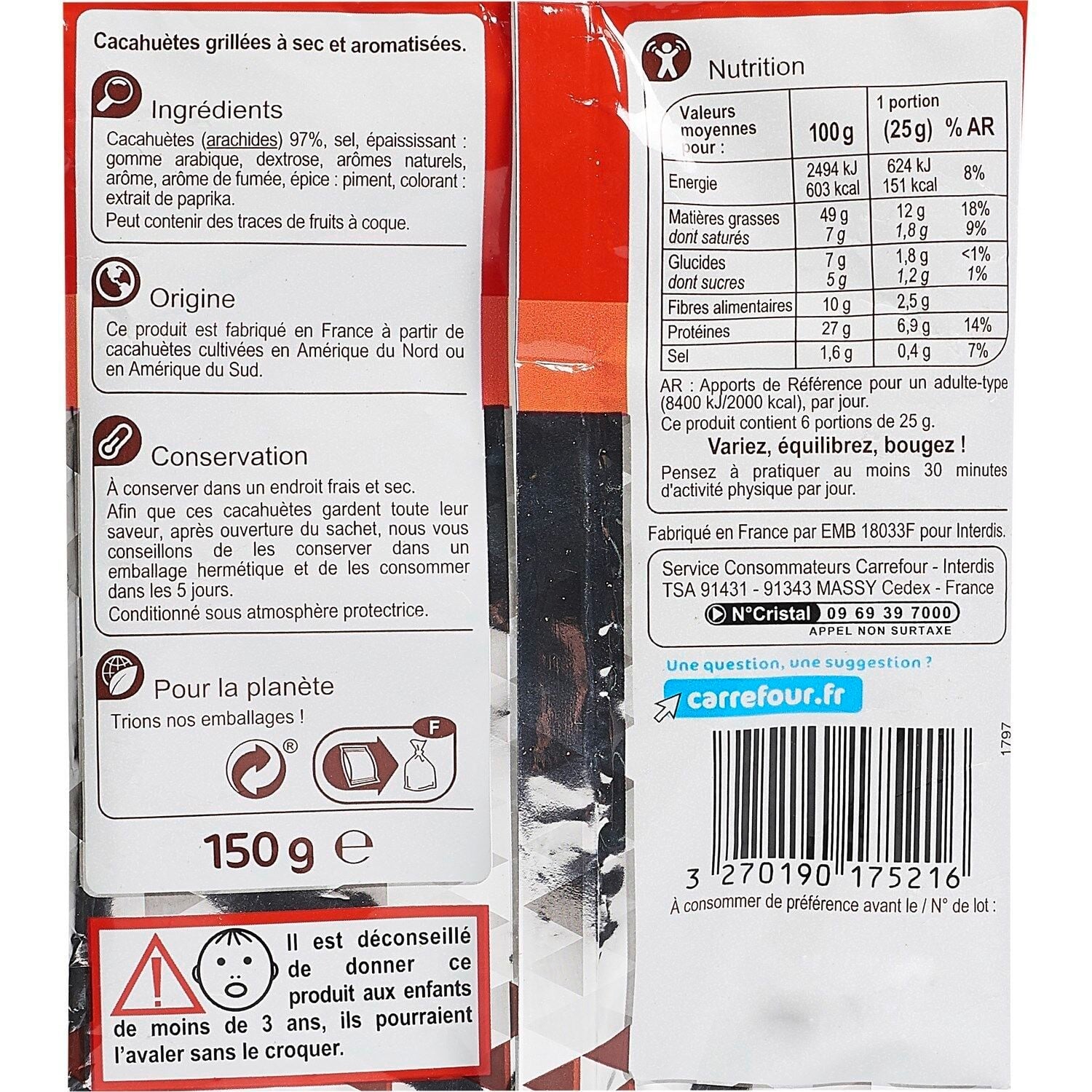 Cacahuètes Grillées à Sec - CARREFOUR CLASSIC - Le sachet de 150 G