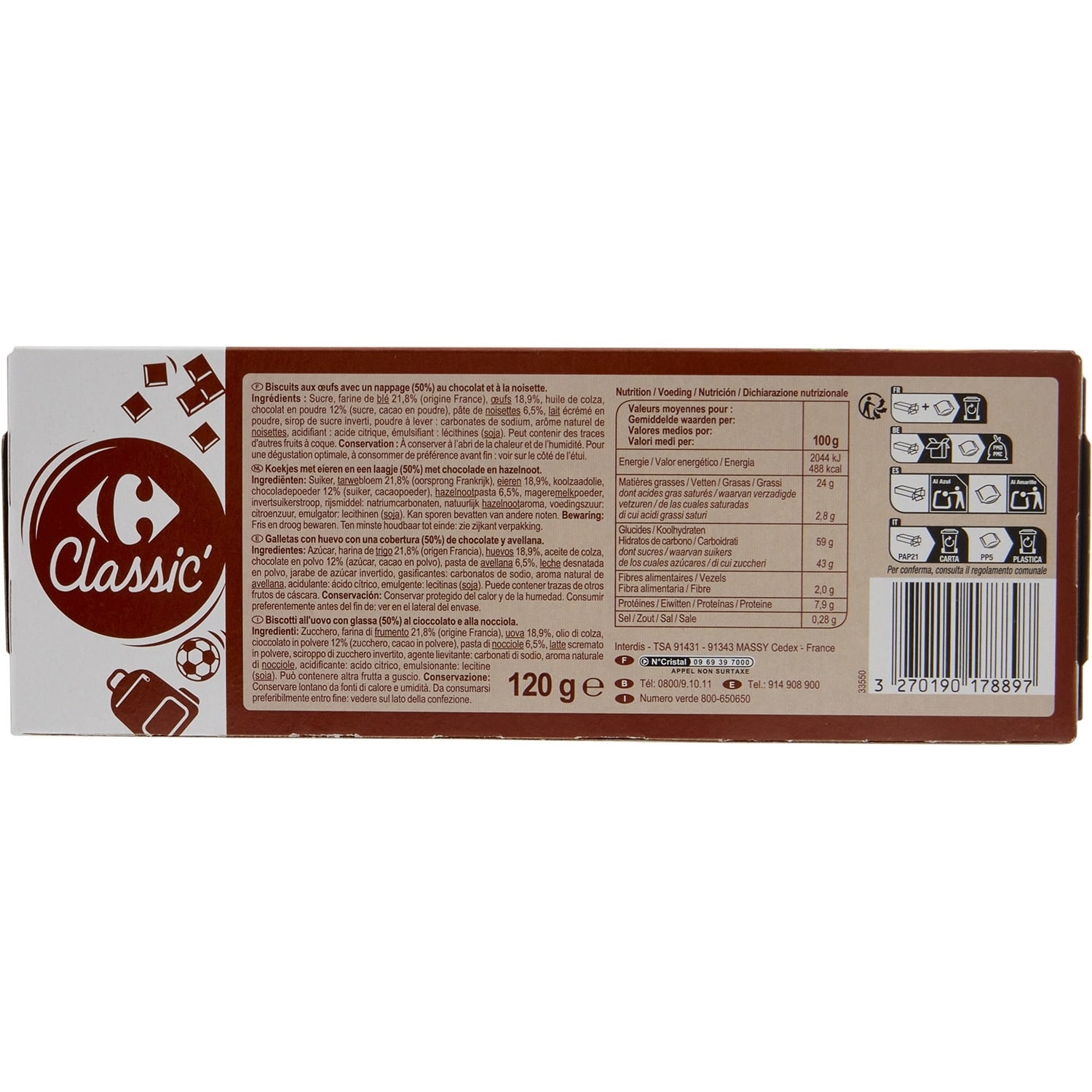 Biscuits barquettes choco noisette - CARREFOUR CLASSIC - La boîte de 120 G