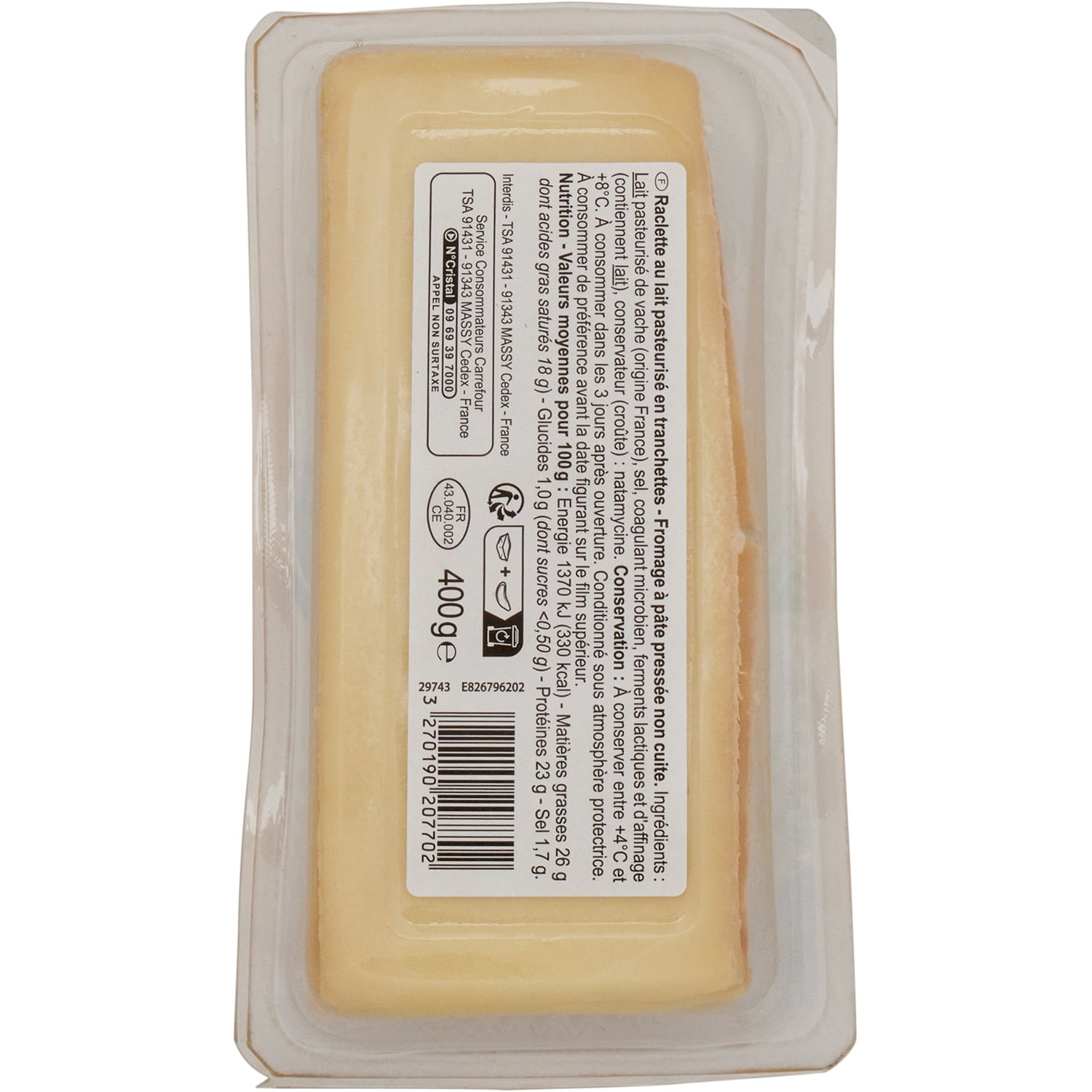 Fromage à Raclette Classique - CARREFOUR - ORIGINAL- La barquette de 400 G - Frais 5 jours et +