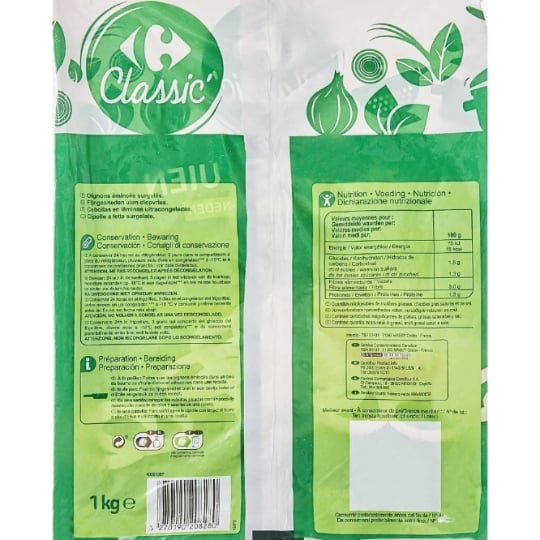 Oignons émincés - CARREFOUR CLASSIC - Le sachet de 1 KG - Frais 3 semaines et +