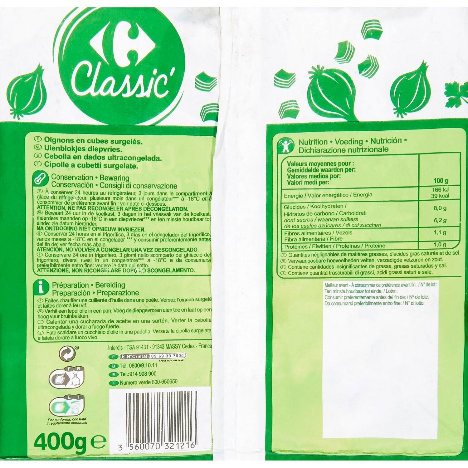 Oignons en cubes - CARREFOUR CLASSIC -  Le sachet de 400 G -  Frais 3 semaines et +