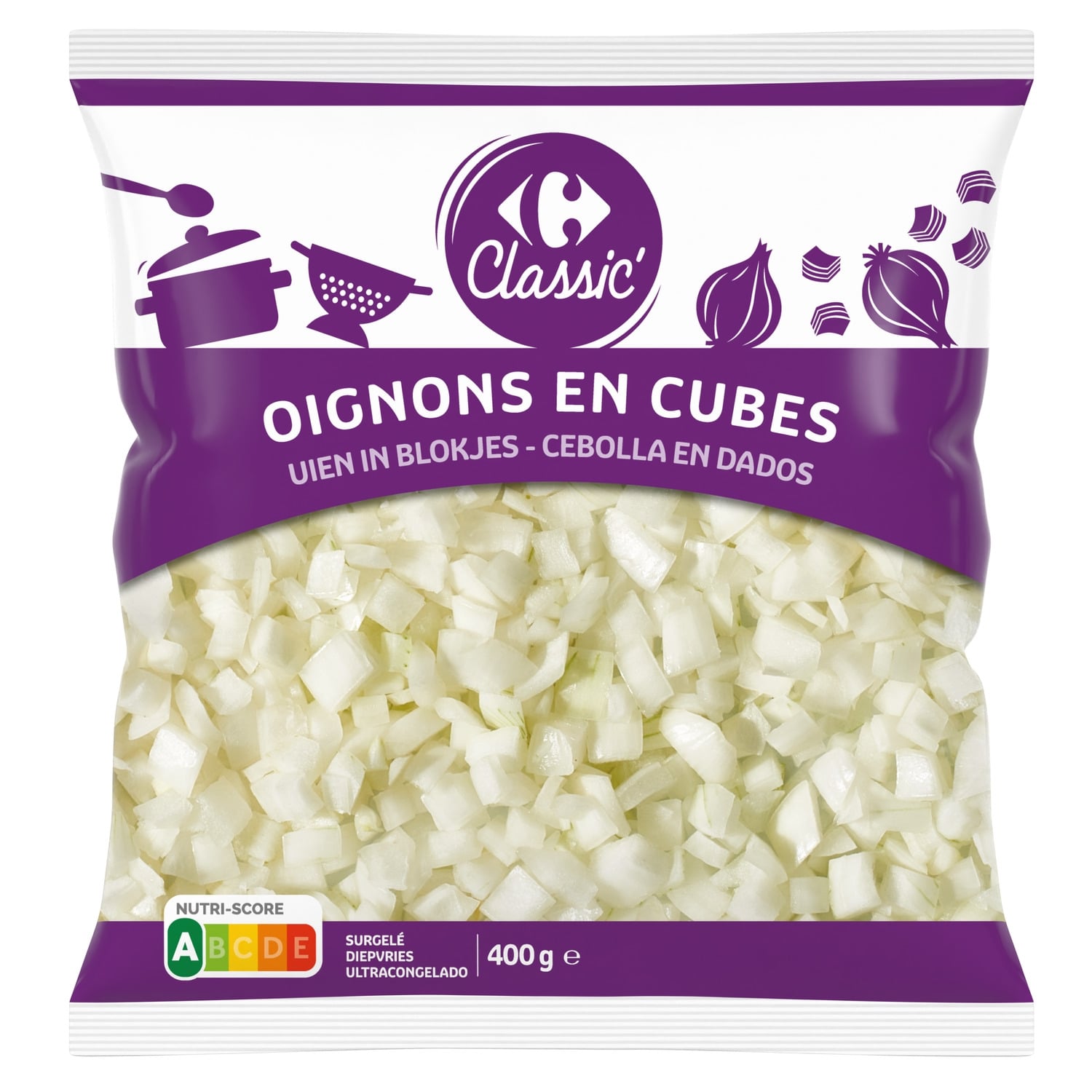 Oignons en cubes - CARREFOUR CLASSIC -  Le sachet de 400 G -  Frais 3 semaines et +