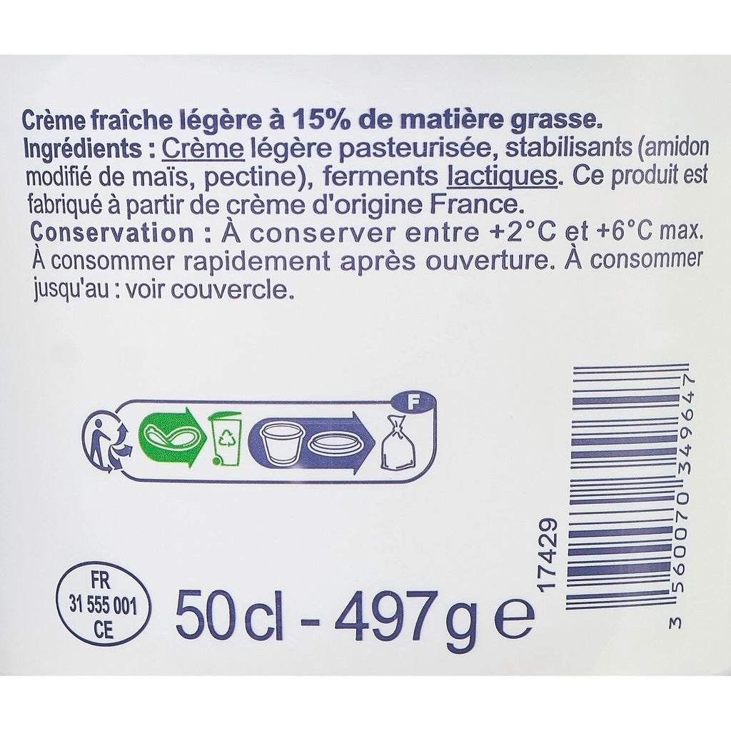 Crème Fraîche Légère 15% Mat Gr - SIMPL - Le pot de 50 CL - Frais 5 jours et +