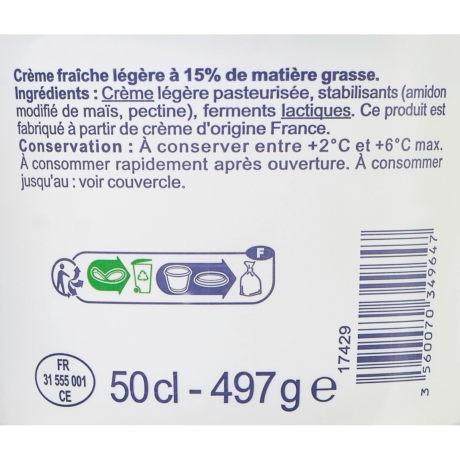 Crème Fraîche Légère 15% Mat Gr - SIMPL - Le pot de 50 CL - Frais 5 jours et +