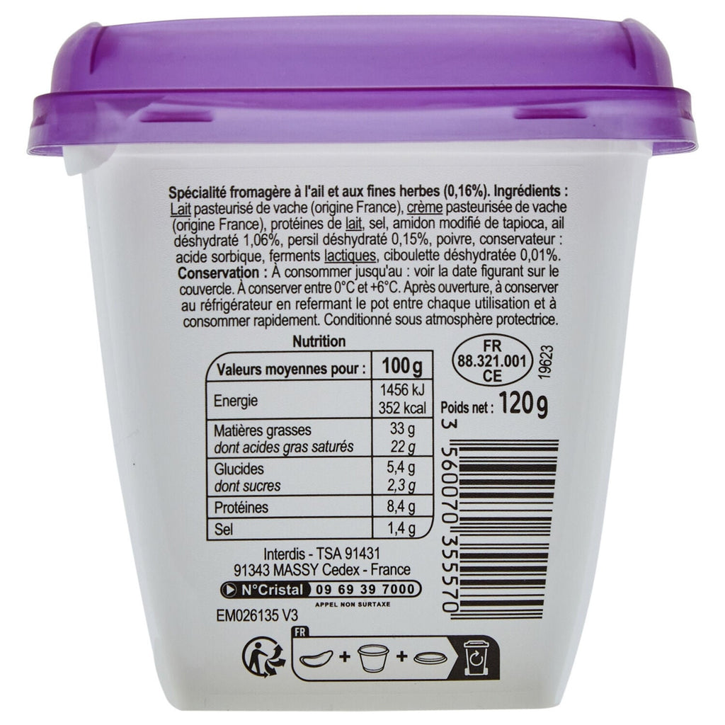 Fromage ail et fines herbes - CARREFOUR CLASSIC - La boite de 120 G - Frais 5 jours et +