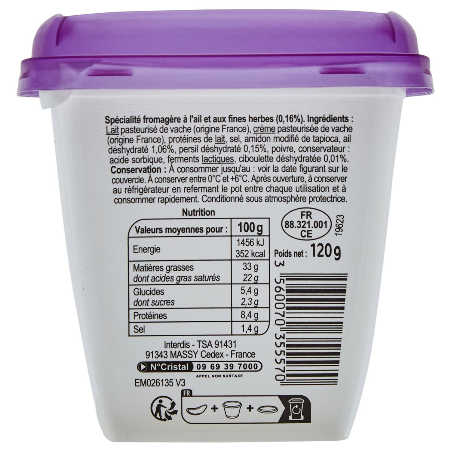 Fromage ail et fines herbes - CARREFOUR CLASSIC - La boite de 120 G - Frais 5 jours et +