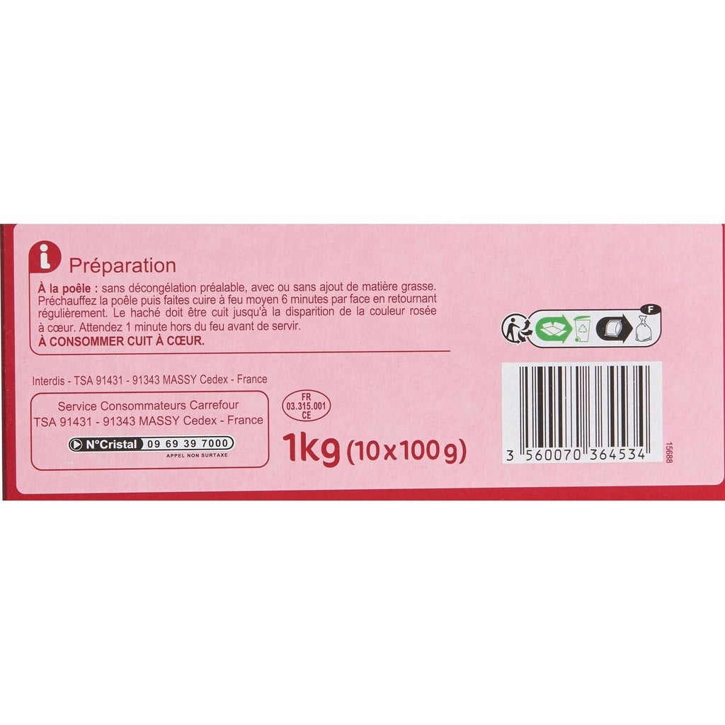 Haché à l'oignon - CARREFOUR CLASSIC - Les 10 hachés de 100 G - Frais 3 semaines et +