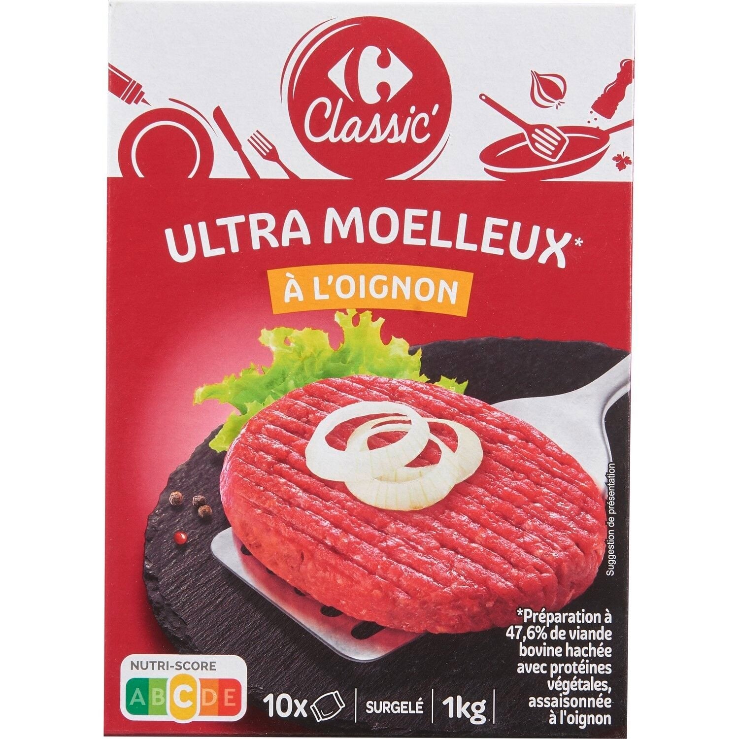 Haché à l'oignon - CARREFOUR CLASSIC - Les 10 hachés de 100 G - Frais 3 semaines et +