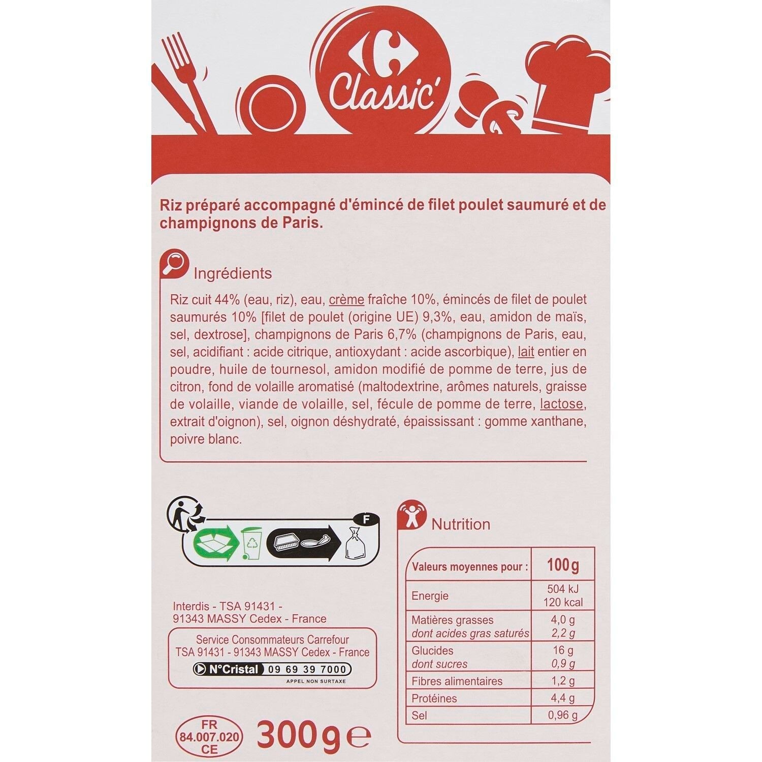 Plat cuisiné riz poulet champignons - CARREFOUR CLASSIC - La barquette de 300 G - Frais 2 jours et +