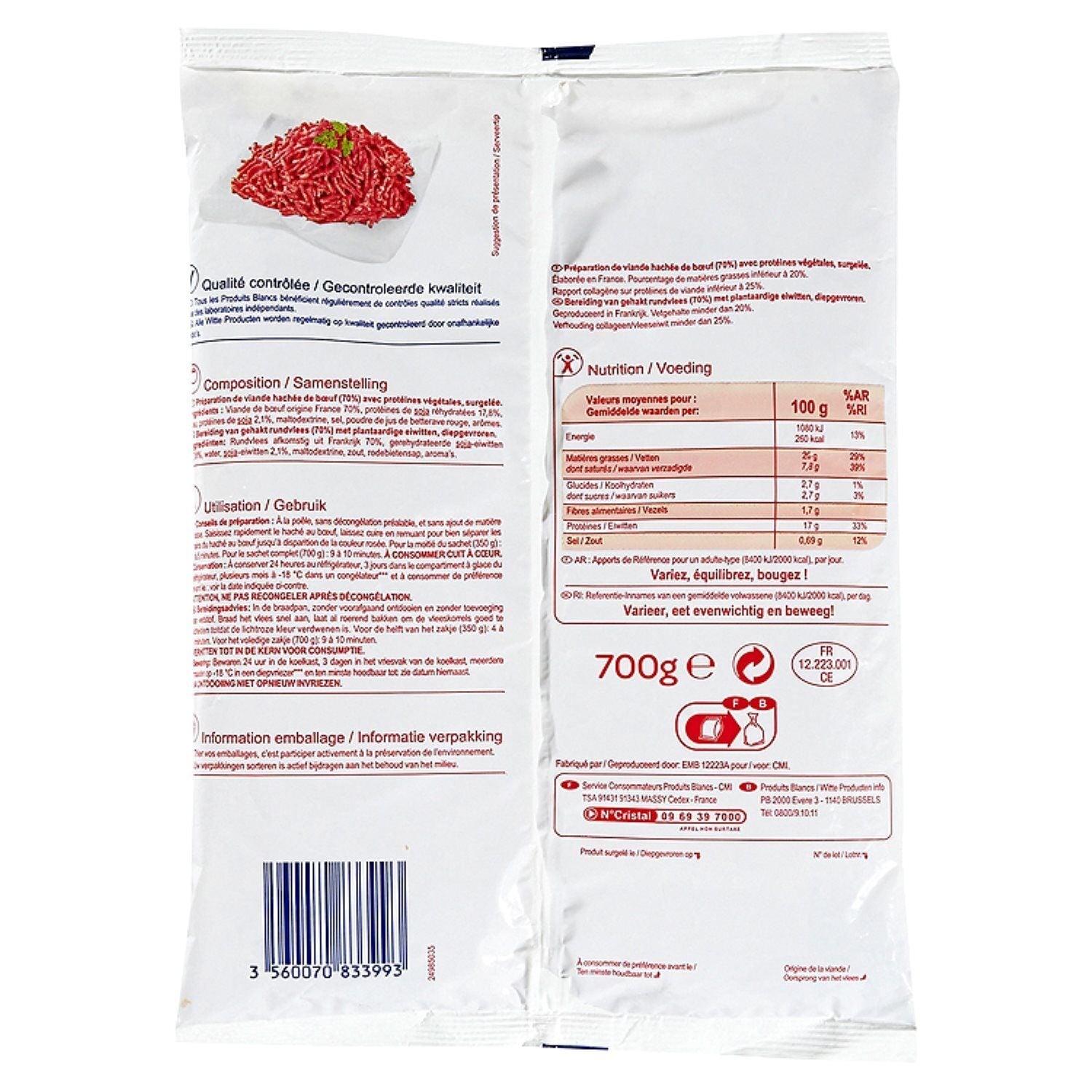 Haché au bœuf 20% MG - Le sachet de 700 G - Frais 3 semaines et +