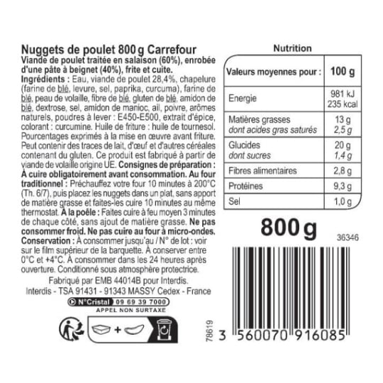Nuggets de Poulet - CARREFOUR CLASSIC - Le paquet de 800 G - Frais 2 jours et +