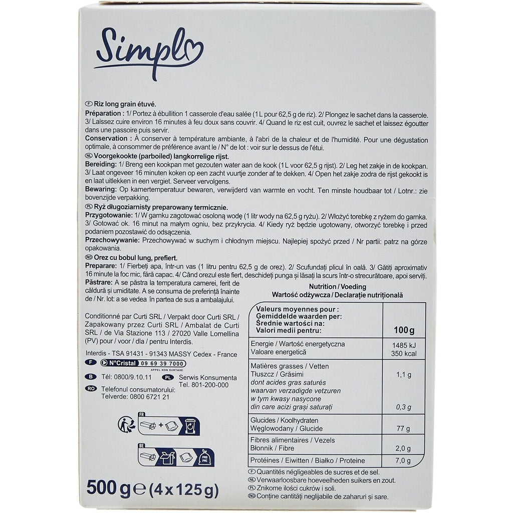 Riz Long Etuvé - SIMPL - Les 4 sachets de 125 G
