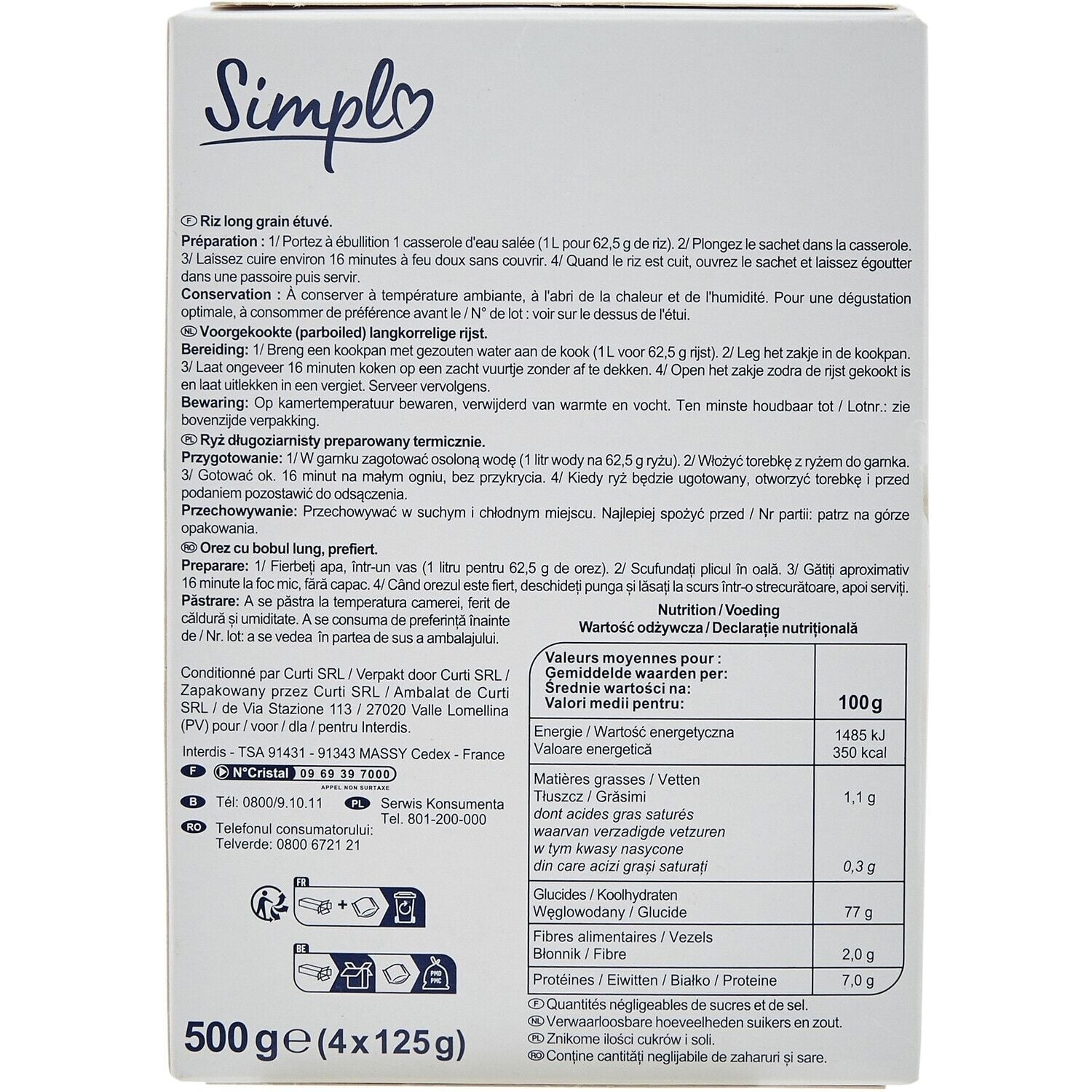 Riz Long Etuvé - SIMPL - Les 4 sachets de 125 G