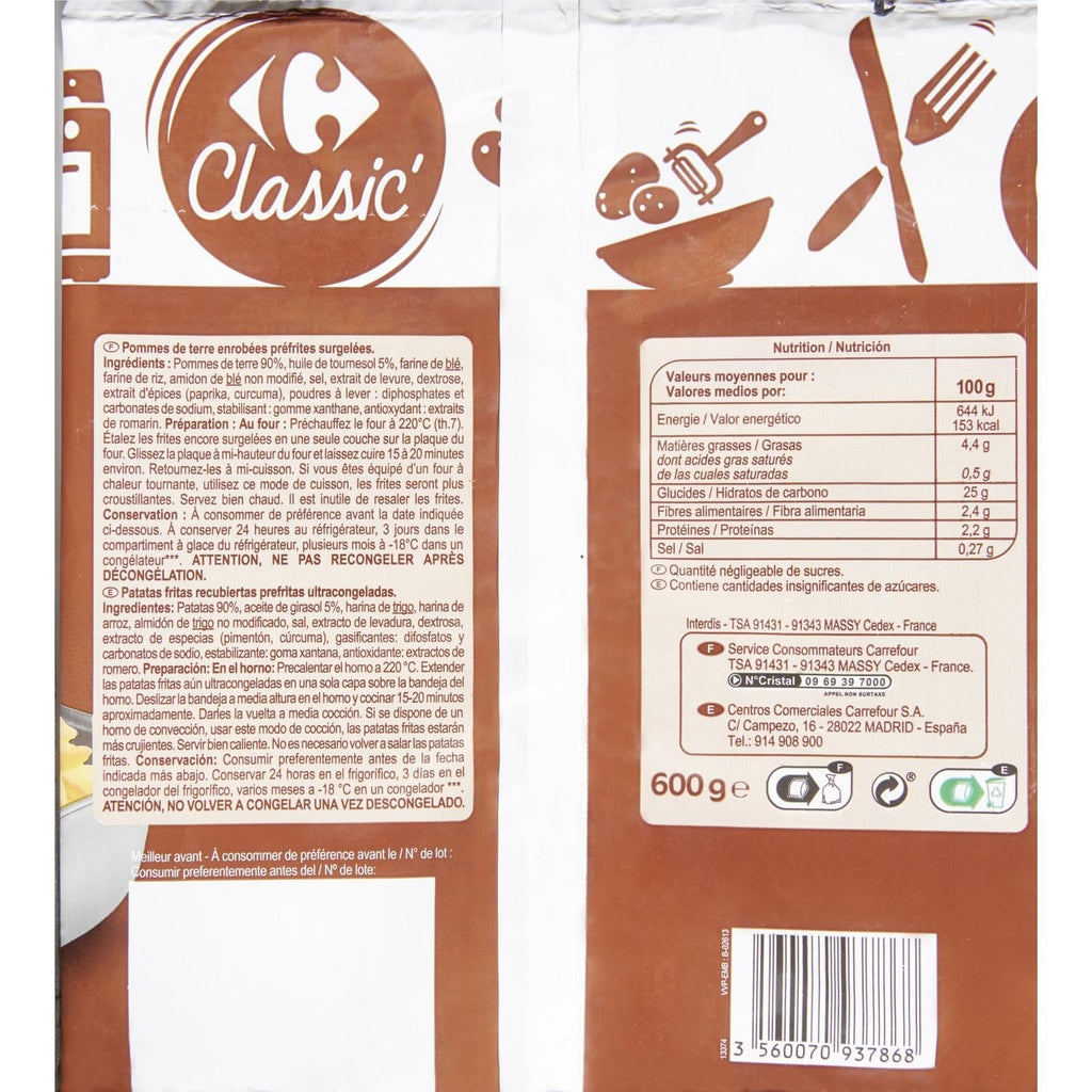 Frites spécial four - CARREFOUR CLASSIC - Le sachet de 600 G - Frais 3 semaines et +