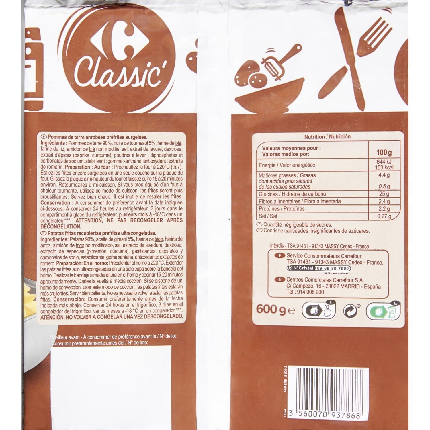 Frites spécial four - CARREFOUR CLASSIC - Le sachet de 600 G - Frais 3 semaines et +