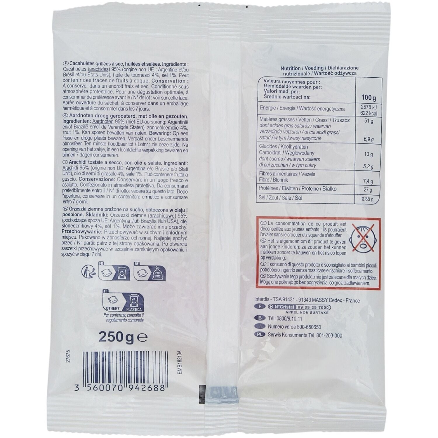 Cacahuètes grillées et salées - SIMPL - Le sachet de 250 G
