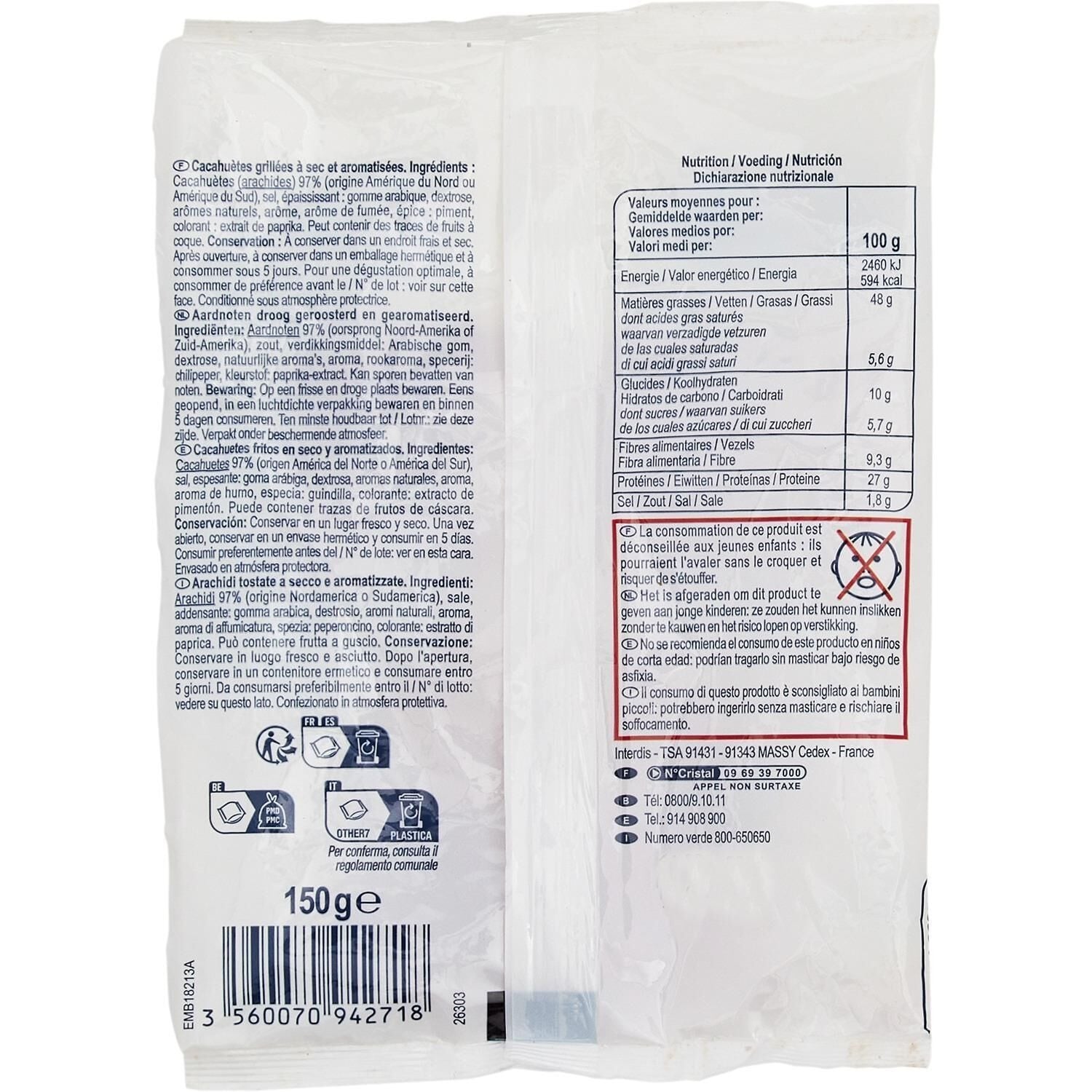 Cacahuètes grillées à sec - SIMPL - Le sachet de 150 G