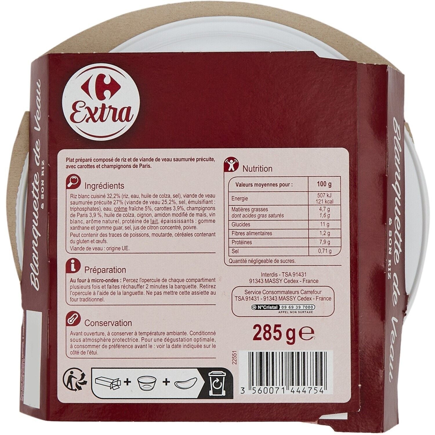 Plat cuisiné blanquette de veau riz - CARREFOUR EXTRA - La barquette de 285 G
