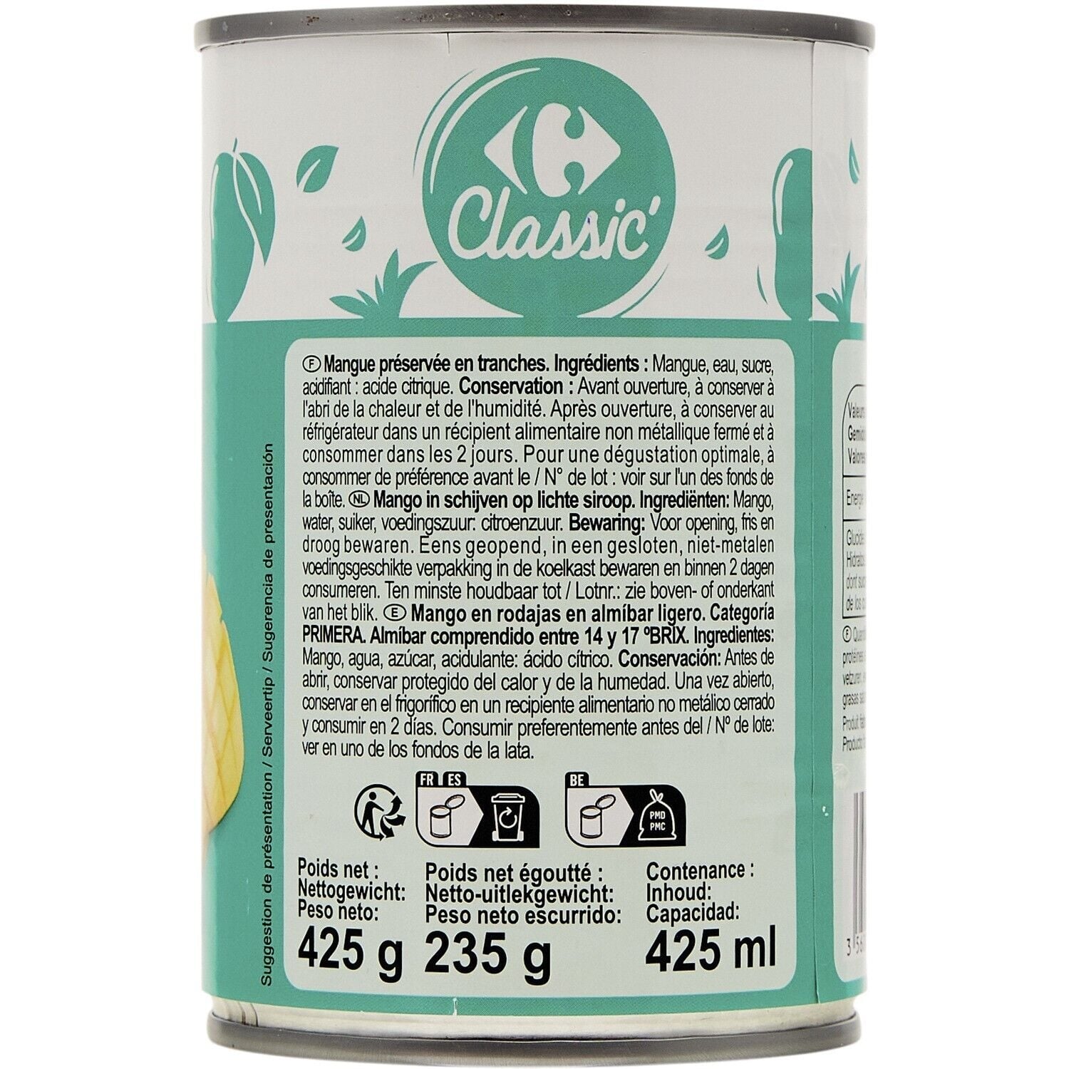 Fruits au Sirop Mangue en Tranches - CARREFOUR CLASSIC - La boite de 235 G