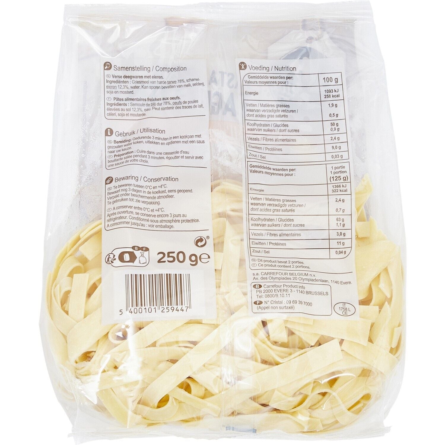 Pâtes Fraîches Tagliatelles Aux Oeufs - Frais CARREFOUR ORIGINAL - La barquette de 250 G - Frais 2 jours et +